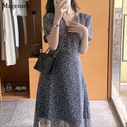 Korean Style V-neck Floral Chiffon Dress Women Short Sleeve Lace-Up Slim Midi Dress Loose Elegant Casual Dresses Robes New 15526