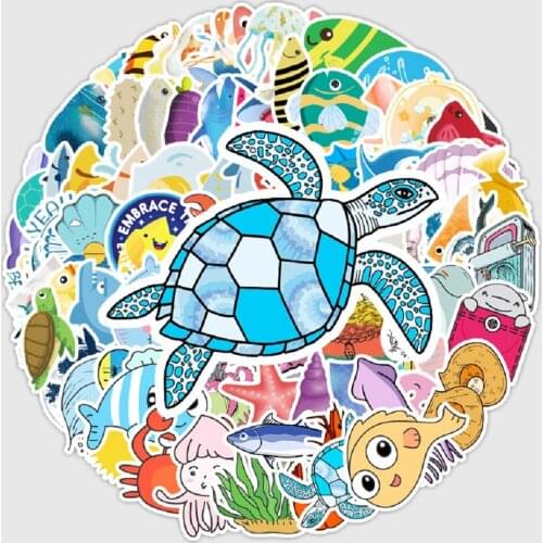100PCS Cute Ocean World Plants Coral Jellyfish Waterproof Sticker Cartoon Sea Fishes Animal Stickers Kids DIY Scrapbook Decals