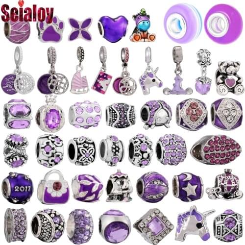 Seialoy 2pcs Purple Bear Unicorn Beaded Footprint Star Waist Beads Dangle Charm Pendant Fit Brands Bracelets Diy Jewelry Making