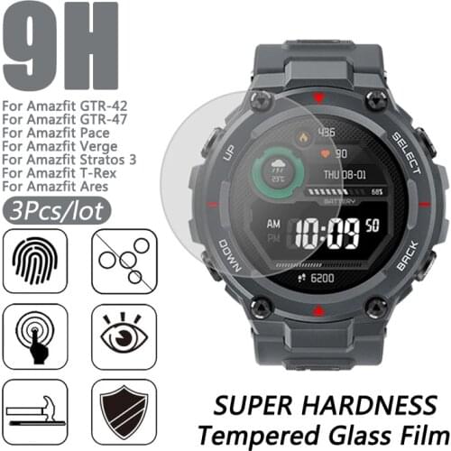 3Pcs 9H Curved Tempered 2.5D Glass Screen Protectors For Amazfit GTR 42 47MM For Amazfit Pace Verge Stratos 3 Amazfit T-Rex Ares