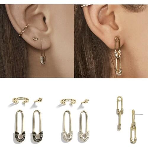 4pcs/Set Safety Pin Studs Earrings for Women Gothic Fashion White Crystal CZ Earrings Female Europe Jewelry Ear Cuff Accessories