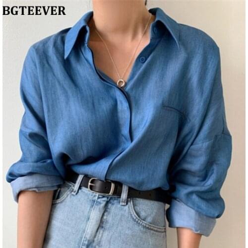 BGTEEVER Chic Turn-down Collar Women Blouses Tops 2021 New Fashion Single-breasted Female Solid Shirts Spring Blusas Femme