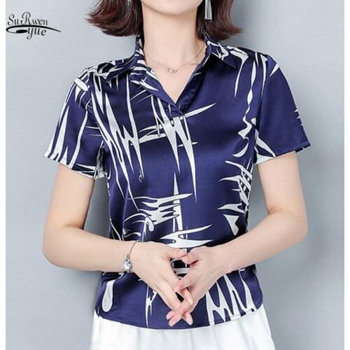 2020 Summer Short Sleeve Office Lady Tops Women Fashion Print Shirt Plus Size Women Clothes Satin Blouse Blusas 9230 50