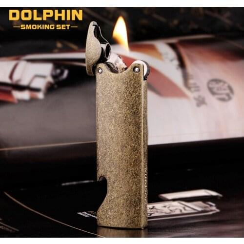 Dolphin Long strip metal windproof kerosene lighter retro ginding wheel flint with bottle opener mens smoking gift (no fuel)