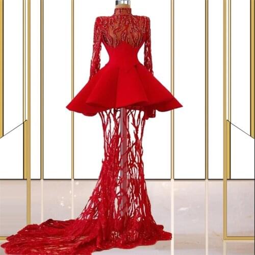 Elegant Red Prom Dresses High Neck Lace Appliqued Sequins Long Sleeves Evening Dress Custom Made Floor Length Party Gown