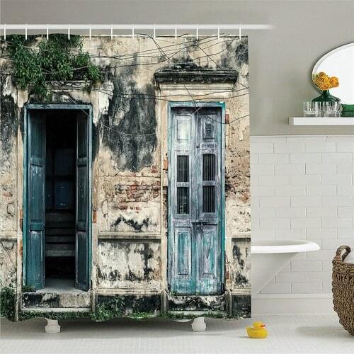 European Countryside Rock House Shower Curtains Old Doors Frame Stone Wall Bath Curtain Retro Style Home Bathroom Decor Screen