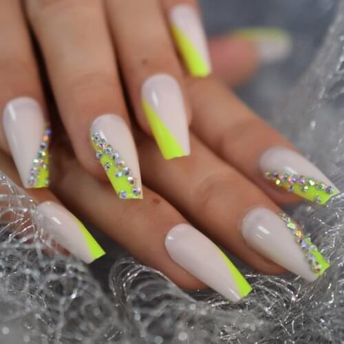 Glossy Natrual Green French Press on Trapezoid Ballet False Nails Long AB Crystal Diamond Deco Coffin Ballerina Fingersnails Tip