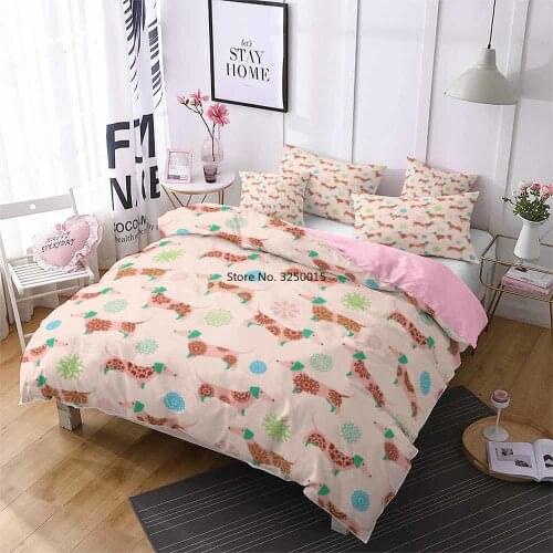 Dachshund Bedding Set Dog Floral Motif Comforter Sets Microfiber Duvet Cover Kids Boys Girls Single Double Cartoon Bed Quilt Set