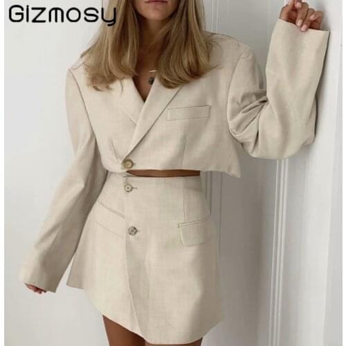 Gizmosy Sexy One Button Short Women Blazer Cropped High Waist Irregular Cross Slit Mini Skirt Long Sleeve Suits 2 Pieces Sets