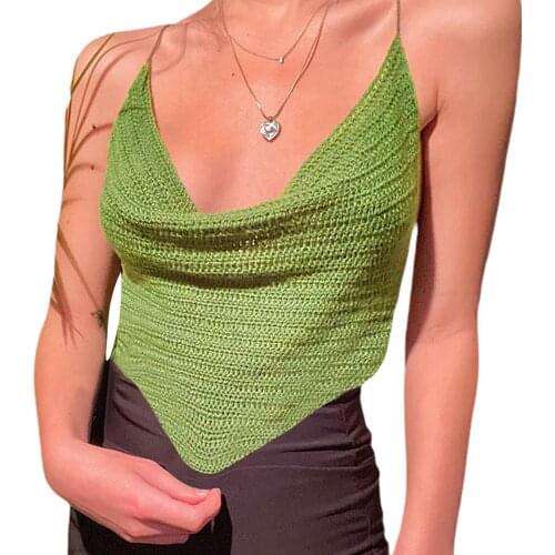 2021 New Summer Womens Halter Crop Cami fashion Tops, Sleeveless Cowl Neck Self-Tie Backless Crochet Camisole