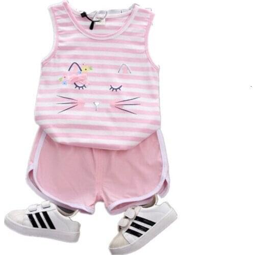 Summer Children Cotton Clothes Baby Boy Girls Stripe Cartoon O-Neck Vest Shorts 2Pcs/sets Infant Kids Fashion Toddler Tracksuits