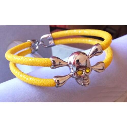 BC Luxury Silver Skull Bracelet Handmade Stingray Leather Bracelets Men Stingray skull Bracelet Has Gift Box