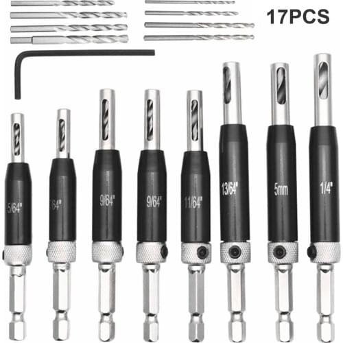 17pcs Core Drill Bit Set Black Oxide Self Centering Lock Hinge Drill Bit Set Hardware Drawer Pilot Hole Guide Woodworking Power