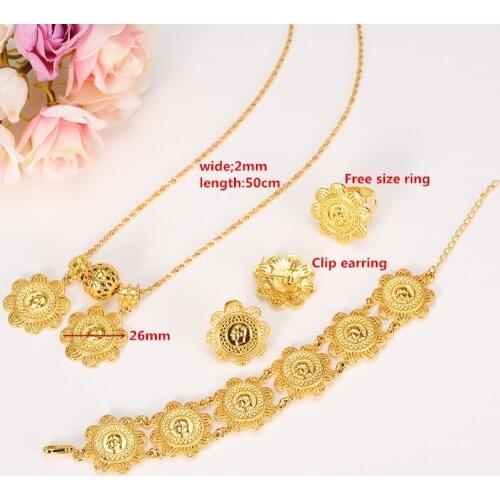 NEW Ethiopian Coin Sets Jewelry With 24k Real Yellow Solid Gold GF Pendant Necklace Earrings Ring Bracelet Bridal Wedding Women