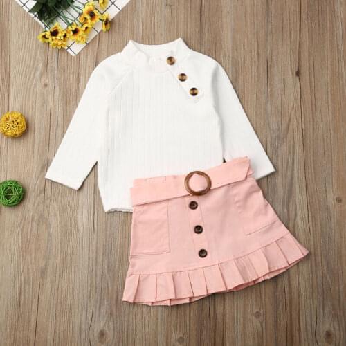 Autumn Girls Clothes Outfits Set Children Baby Girl Warm Knitted Long Sleeve Sweater Button Tops Pleated Mini Skirt Clothing