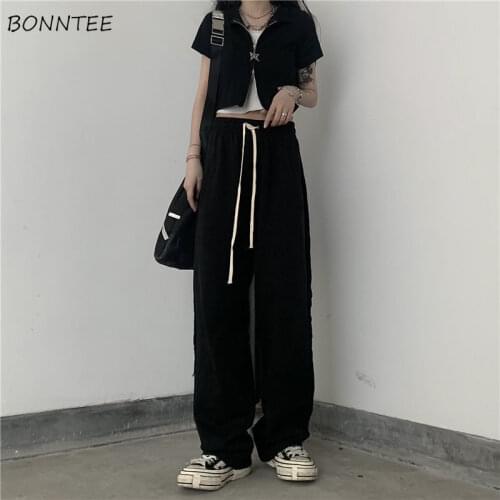 Casual Pants Women Straight Baggy College All Match Cozy Pockets Drawstring Solid Korean Style Fashion Harajuku Street Female