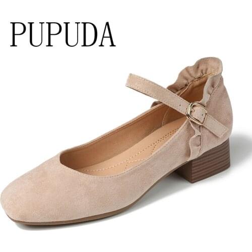 PUPUDA One-line buckle Shoes Female Temperament Lady With Heel Single Shoes Classical Thick Heel Women 2020