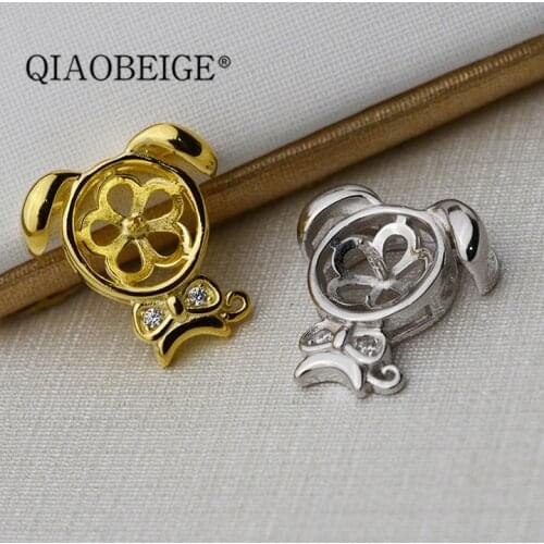 QIAOBEIGE S925 Sterling Silver cute little dog Pearl Pendant Holder Fashion Silver tassel Pendant Jewelry Findings animal jewl