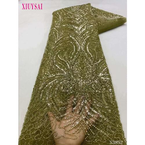 Luxury Handmade Beads Lace Fabric Teal Green Lace fabric 2021 African French Embroidery Lace Fabric For Party Dress