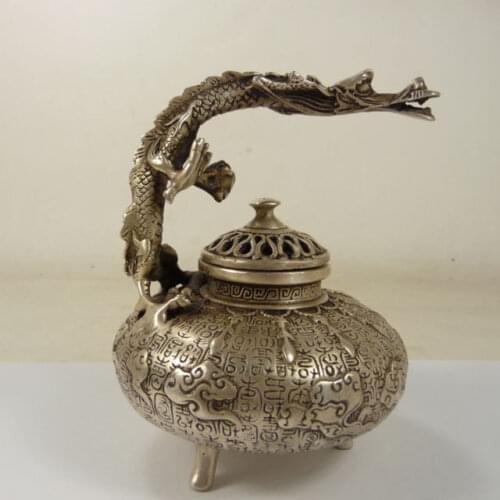 Old handwork copper Tibet-silver teapot with dragon handle carved cloud Garden Decoration 100% real Tibetan Silver Brass