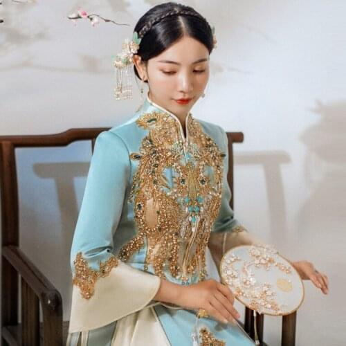 Blue Chinese Women Cheongsam Qipao Exquisite Embroidery Wedding Dress Handmade Beads Bride Costume Oriental Marrige Set