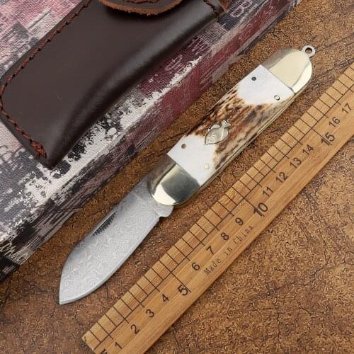 Sunfish Damascus steel blade natural antler handle outdoor self-defense tactics camping hunting kitchen fruit folding knife