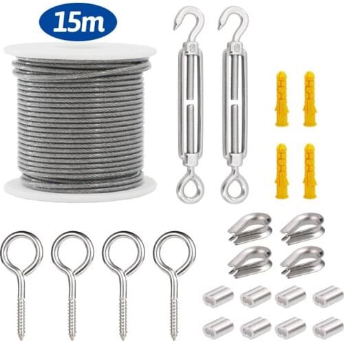 15M/20M 2mm Wire Rope Cable Hooks Hanging Kit Flexible PVC Coated Stainless Steel Clothesline Kit