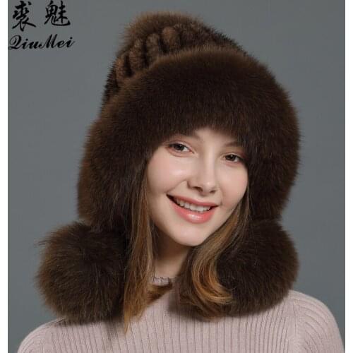 Knitted Real Fur Beanies Hats With 3 Cute Pompoms Hat Genuine Mink Fur With Ear Flaps Natural Fox Fur New Russian Caps Winter