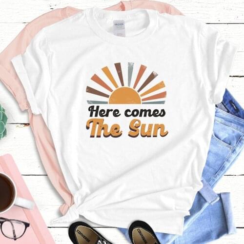 Harajuku Top Women T-shirt Casual Ladies Basic Here Comes The Sun Print O-collar Short Sleeved Women T-shirt Girl,Drop Ship