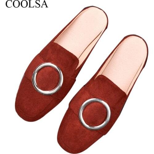 COOLSA Women Summer Retro Flat Mules Slippers Casual Lazy Outside Mules Shoes Large Size 11 Suede Metal Buckle Sandals Wholesale