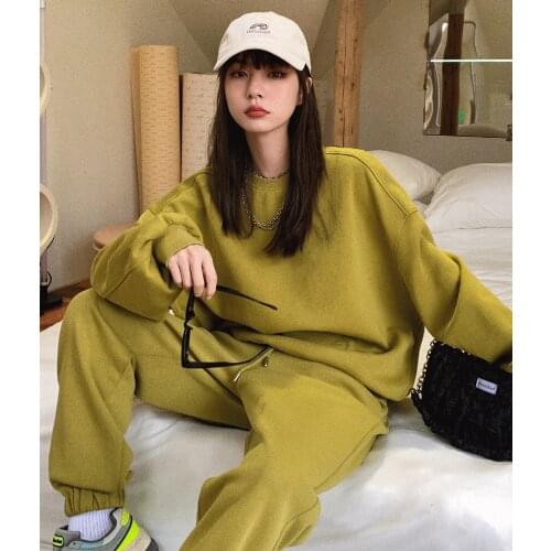 Ladies Loose Hoodies Tracksuits 2 Piece Set Autumn Winter Sweatshirt + Sporting Pant Outfit Wide-legged Female Leisure Pant Suit