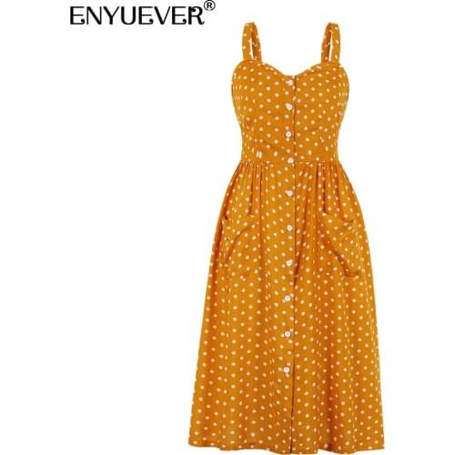 Enyuever Yellow Polka Dot Dress Women Summer Clothes Spaghetti Strap V Neck Button Up Cotton Party Casual Dresses With Pockets