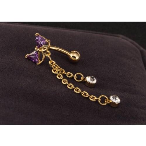 Fashion Luxury Zircon Bell Button Rings Lovely Bowknot Long Pendant Navel Belly Piercing Body Surgical Steel Jewelry for Women