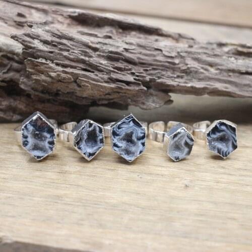 Natural Agates Geode Druzy Silvery Rings Raw Stone Crystal Quartz Drusy Adjustable Band Ring Women Jewelry Dropshipping,QC4042