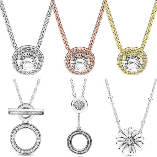 Sparkle Classic Elegance Daisy Flower Collier Double Hoop T-bar 925 Sterling Silver Necklace For Europe Bead Charm Diy Jewelry