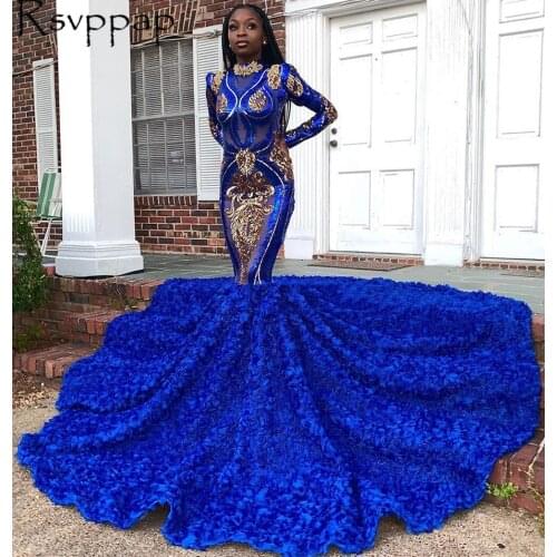 Royal Blue Mermaid Long Prom Dresses 2021 Sparkly Gold Sequin Sheer Top High Neck Long Sleeves 3D Flowers African Gir Prom Dress
