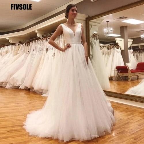 Elegant A-line Tulle Wedding Dresses 2021 Sexy Backless Sash V-neck Vestidos De Novia Court Train Bohemian Suknia Slubna
