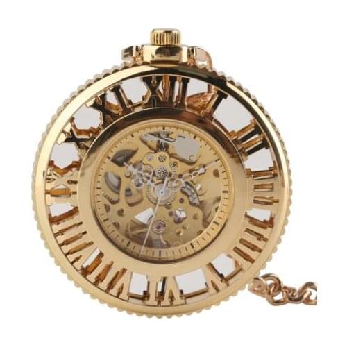 10pcs/lot Hollowed Roman Dial Gold Mechanical Pocket Watch with Chain Men Women Pocket Watches Wholesale