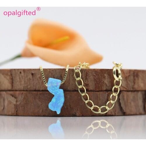1pc/lot Free Shipping Beautiful 5.6*13mm Synthetic Opal NJ Necklace New jersey map necklace 925 Silver gold chain light blue NJ