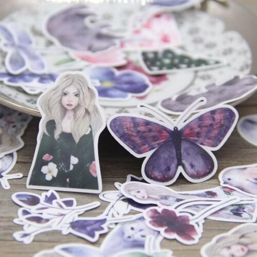 45pcs Watercolor Beautiful Girl Butterfly Dragonfly Fox Flowers DIY Decorative Waterproof Scrapooking Hydro Flask Sticker Pack