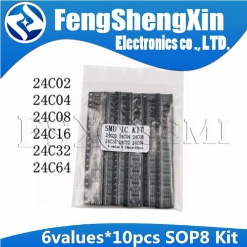 6values*10pcs=60pcs New 24C02 24C04 24C08 24C16 24C32 24C64 SOP-8 EEPROM KIT