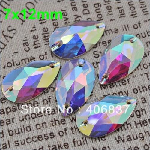 Free Shipping~AAAA+ 100pcs/Lot, 7*12mm Crystal AB / Clear AB resin sew on Teardrop flatback sewing on stones