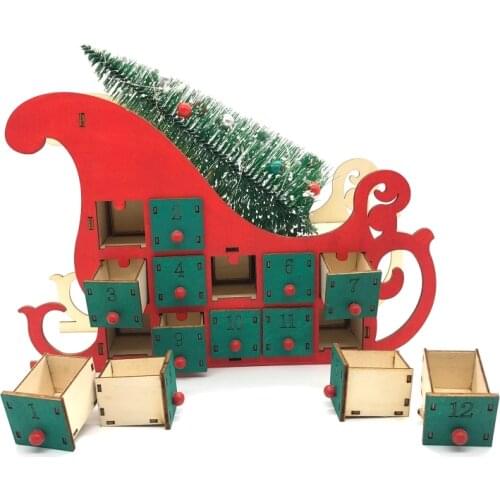 Christmas Sleigh Tree Wooden Advent Calendar Countdown Xmas Party Decor 24 Drawers with LED Light Ornament