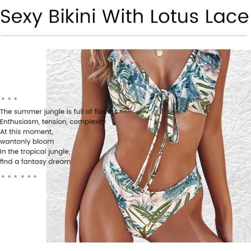 Womens Ruffles Flounce Cute Bikini Two Piece Swimsuit Bathing Suits Floral Print Sexy Front Lace Up Swimwear 2021 Biquinis Set