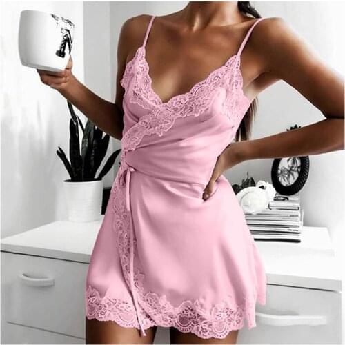 New Womens Erotic Lingerie Sexy Lace Hollow Temptation Ladies Suspender Skirt Deep V Tulle Perspective Stretch Satin Nightdress