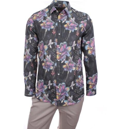 Gentilbay Mens Flower Butterfly Printed Black Slimfit Long-Sleeve Sport Shirt DPD156