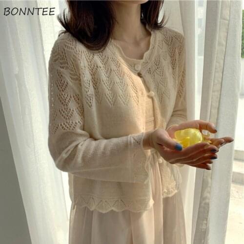 Cardigan Women Tender Apricot Vintage Knitted Sweater Solid Long Sleeve BF Hollow Out All-match Daily Aesthetic Spring Clothing