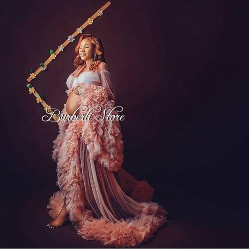 Pretty Pink See Thru Tulle Maternity Robe Women Dresses Photography Full Sleeves Puffy Ruffles Tulle Female Cute Bow Party Gowns