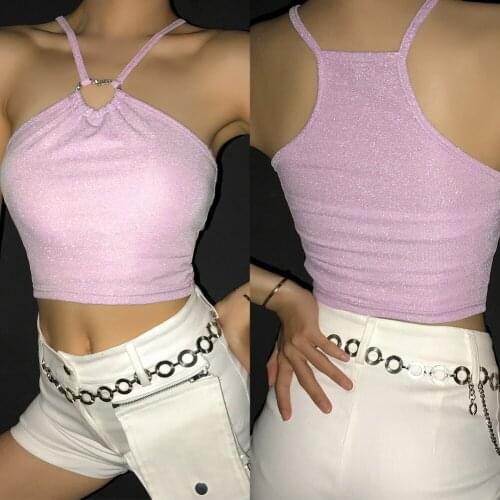 Hot Women Casual Summer Halter Neck Heart Hook Bling Bright Silk Criss-Cross Cami Sleeveless Crop Top Backless Party Clubwear