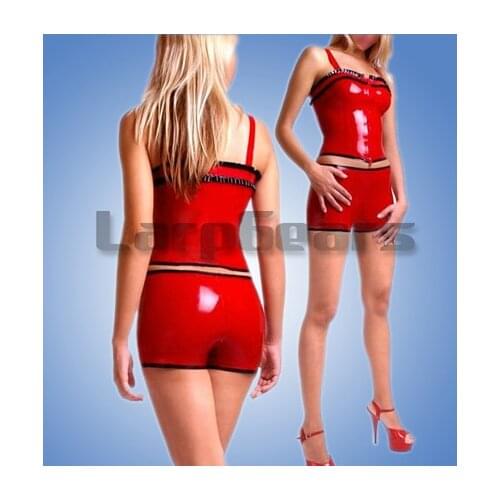 Fashion girl red with black latex lingerie set rubber tanks and boxer shorts clothing set